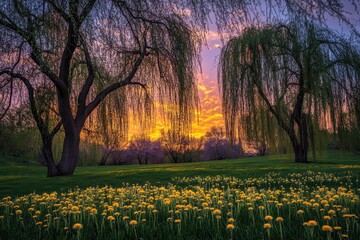 Obraz premium A serene sunset casting golden hues under the sweeping branches of weeping willows, with dandelions in full bloom scattered across a grassy field.