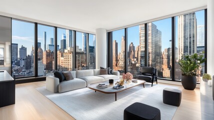 A contemporary urban apartment featuring panoramic views and abundant daylight.