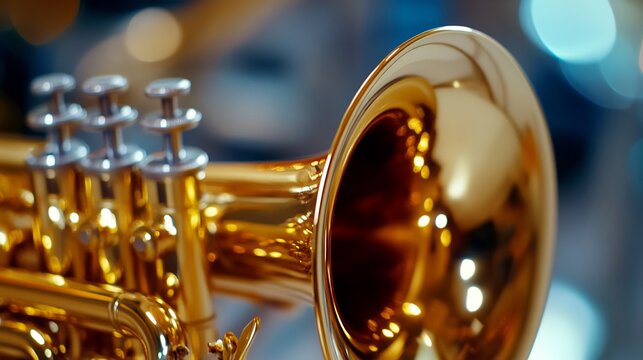Close-up of a Golden Trumpet, Musical Instrument, Brass, Shiny, Detail, Valves, Bell,  Performance, Concert, Melody, Harmony, Music,  Sound,  Instrument,  Closeup,  Macro,  Texture,  Gold,  Brass 