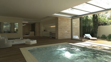 A contemporary villa with a glass roof atrium allowing maximum daylight penetration.