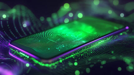 Abstract representation of a smartphone surrounded by vibrant green and purple digital waves and patterns