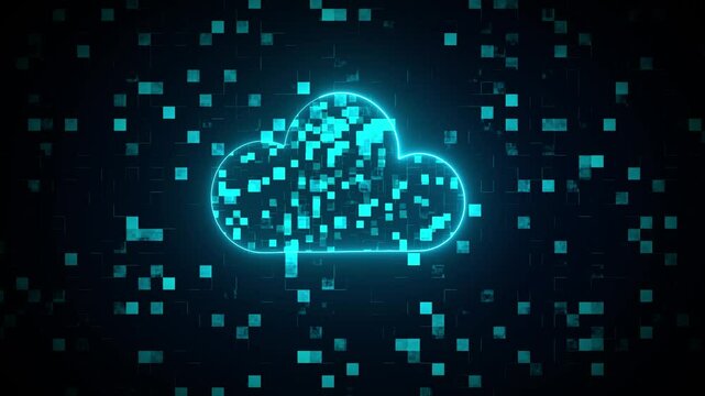 Motion graphic of Blue particle cloud storage logo with futuristic technology icon on abstract background