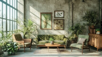 Fototapeta premium A cozy lounge area filled with vintage furniture, plants, and eclectic artwork.