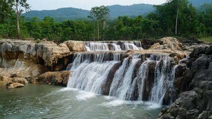 Obraz premium Serene Waterfall Cascades in Lush Jungle