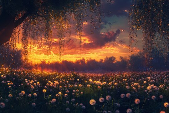 A tranquil scene featuring the silhouette of weeping willows against a colorful sunset sky, with dandelions glowing in the fading light.