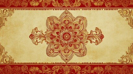 61.A vintage-inspired Indian wedding invitation card design, featuring intricate patterns and ornamental flourishes in gold and red hues. The design includes luxurious borders, decorative floral
