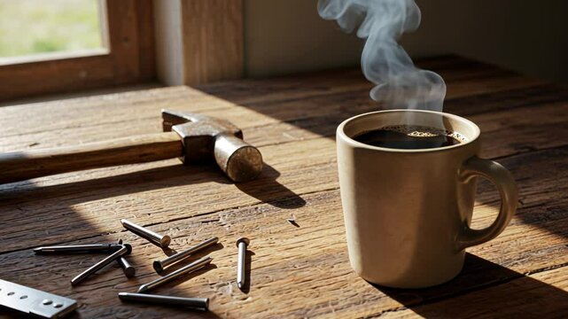 cup of coffee on wooden table