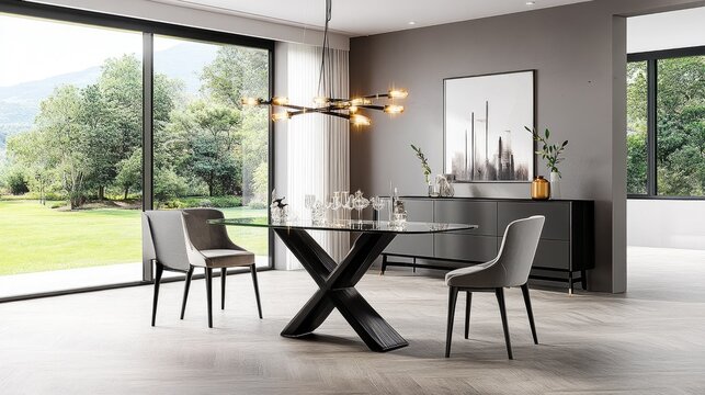 A dining space with a minimalist chandelier, glass table, and abstract metal art.