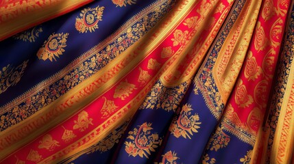 66.A beautifully detailed graphic design of an Indian saree, featuring vibrant floral and geometric patterns in rich tones of red, gold, and royal blue. The intricate designs weave together paisley