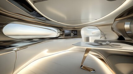 A futuristic kitchen with touch-activated cabinets, metallic finishes, and hidden lighting.