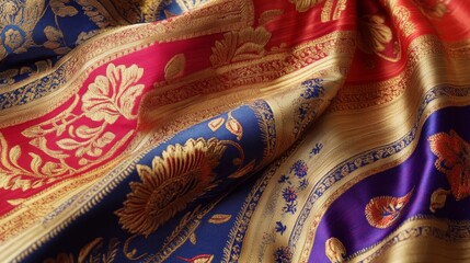 66.A beautifully detailed graphic design of an Indian saree, featuring vibrant floral and geometric patterns in rich tones of red, gold, and royal blue. The intricate designs weave together paisley