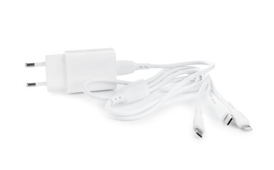 USB power adapter with triple charge cable isolated on white