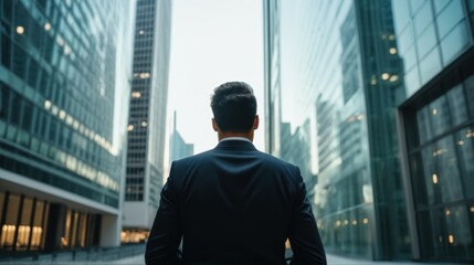 Fototapeta premium A professional man stands confidently amidst towering glass buildings looking towards the future 