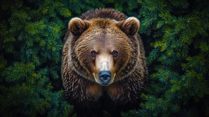 Fototapeta premium Brown bear peering through pine branches in forest