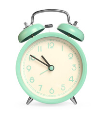 One turquoise alarm clock isolated on white