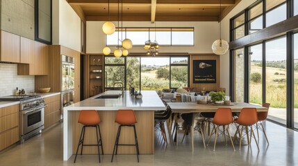 A kitchen island bathed in golden sunlight from an expansive glass door.