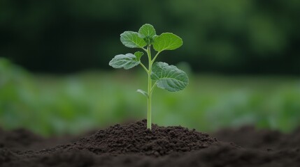 Young green plant emerging from rich soil in a vibrant agricultural field under natural light