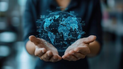 Woman's hands holding digital global network, office background