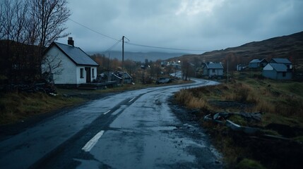 Obraz premium Moody Scottish Highland Village Road at Dusk