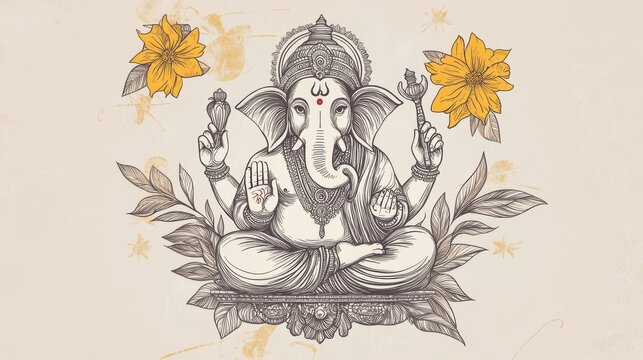 96.A retro-inspired line art vector of Lord Ganesh, celebrating the Ganesh Chaturthi festival. The illustration shows Lord Ganesh seated in a traditional pose, with a halo of yellow flowers around