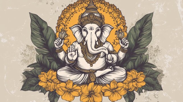 96.A retro-inspired line art vector of Lord Ganesh, celebrating the Ganesh Chaturthi festival. The illustration shows Lord Ganesh seated in a traditional pose, with a halo of yellow flowers around
