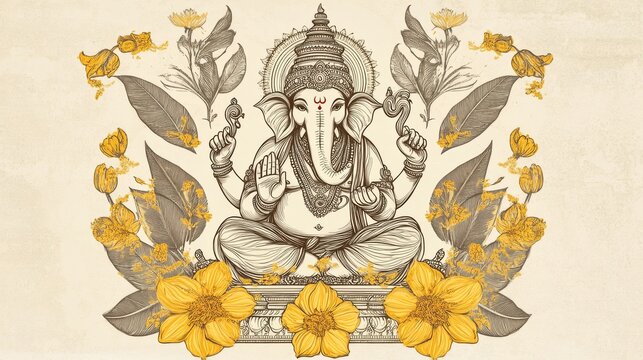 96.A retro-inspired line art vector of Lord Ganesh, celebrating the Ganesh Chaturthi festival. The illustration shows Lord Ganesh seated in a traditional pose, with a halo of yellow flowers around