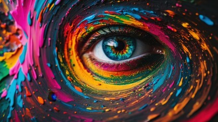 A vibrant eye emerges within a whirl of colorful painted textures 