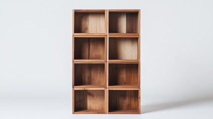 A minimalist wooden shelving unit with eight open compartments, set against a plain background