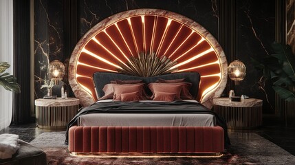 A luxury bedroom with a backlit headboard, marble side tables, and sculptural lamps.
