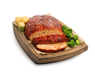 Delicious turkey meatloaf with vegetables isolated on white