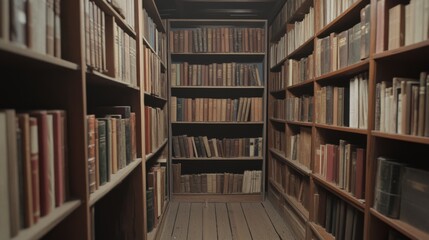 A narrow aisle in a vintage library lined with shelves of old books, evoking a sense of nostalgia