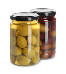 Pickled olives in glass jars isolated on white