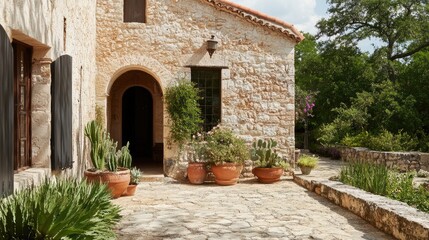 Fototapeta premium A Mediterranean-style home with arched windows allowing sunlight to stream in.