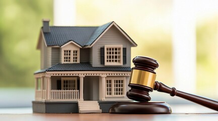 Real estate legal concept with a miniature house beside a judge's gavel, symbolizing property laws, auctions, and legal transactions