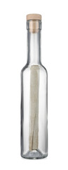Corked glass bottle with rolled letter isolated on white
