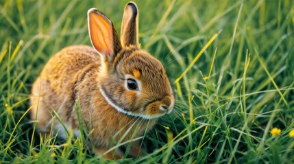 Fototapeta premium A young rabbit nestles quietly in vibrant green grass 