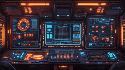 Fototapeta premium Spaceship control panel, futuristic interface, orange lighting, flight deck, science fiction background, game design