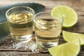 Mexican tequila shots, slices of lime, salt and agave leaves on wooden table, closeup
