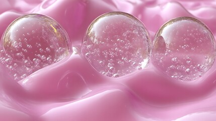 Three transparent spheres float in pink liquid