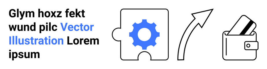 Puzzle piece with blue gear inside, upward arrow, wallet with cards. Ideal for technology, progress, business growth, finance, precision problem-solving and strategic planning themes. Landing page