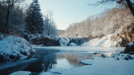 Frozen waterfall winter landscape, tranquil snowy forest