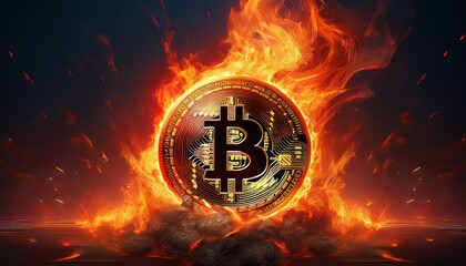 Intense Bitcoin Inferno Digital Currency Symbolism Against a Backdrop of Flames, Representing Cryptocurrencys Power and Passion