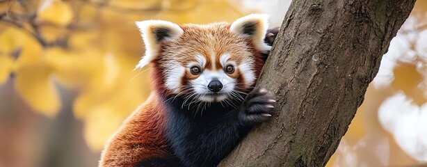 Red panda climbing a tree in autumn.