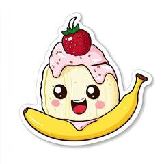 A cute sticker of a banana split with a cute expression on a white background