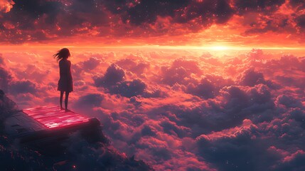 Obraz premium Girl Contemplates Sunset Above Cloudscape