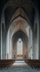 Serene church interior, sunlight streams in.