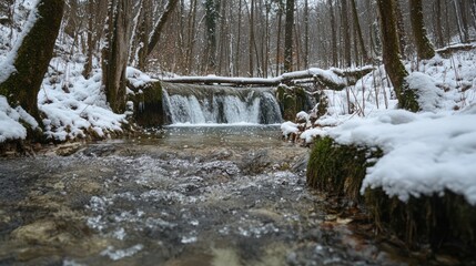 Winter stream flows over small waterfall, snow-covered forest