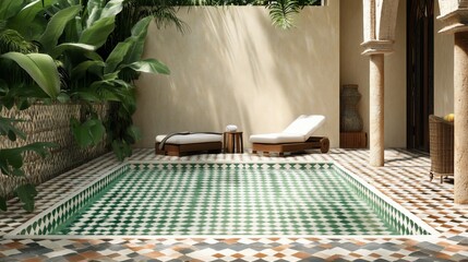 Tranquil courtyard retreat with pool, loungers, and lush greenery, offering a peaceful oasis