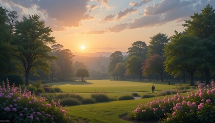 Serene Sunrise Over Lush Green Parkland Landscape