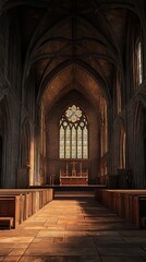 Tranquil church interior bathed in sunlight